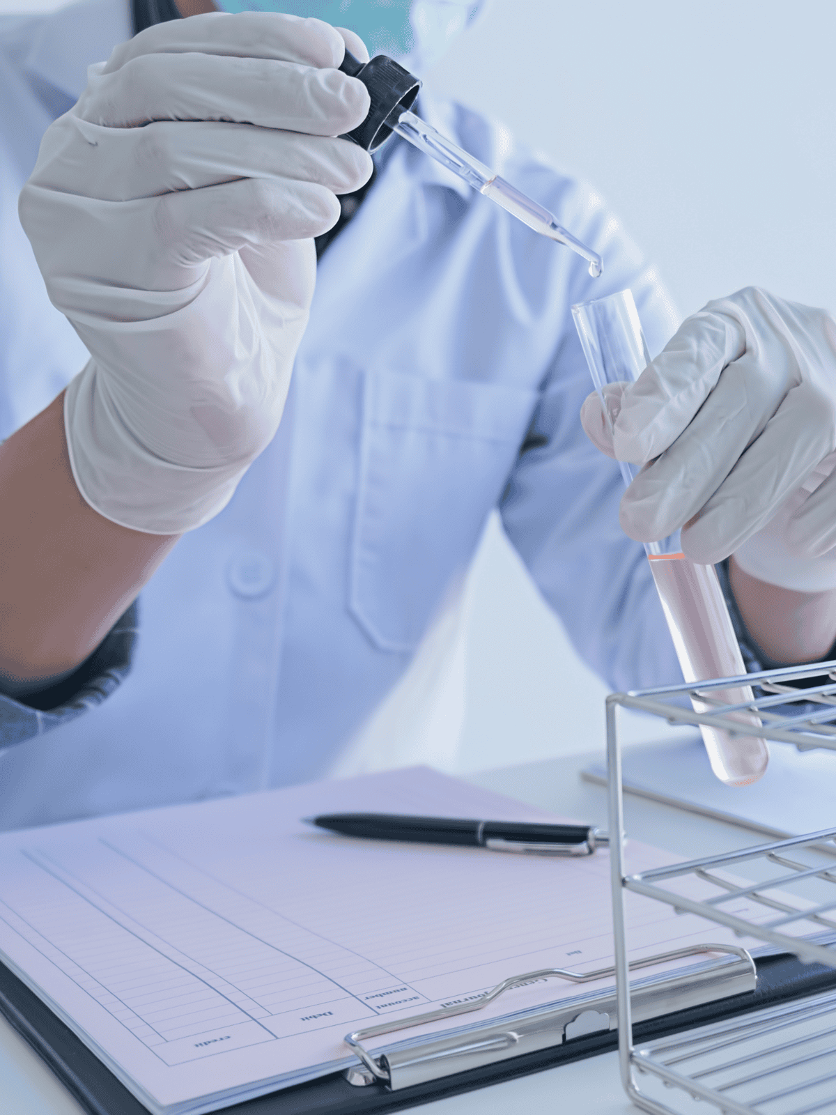 Scientist with pipette in laboratory testing pet samples, veterinary diagnostics, pathogen detection.