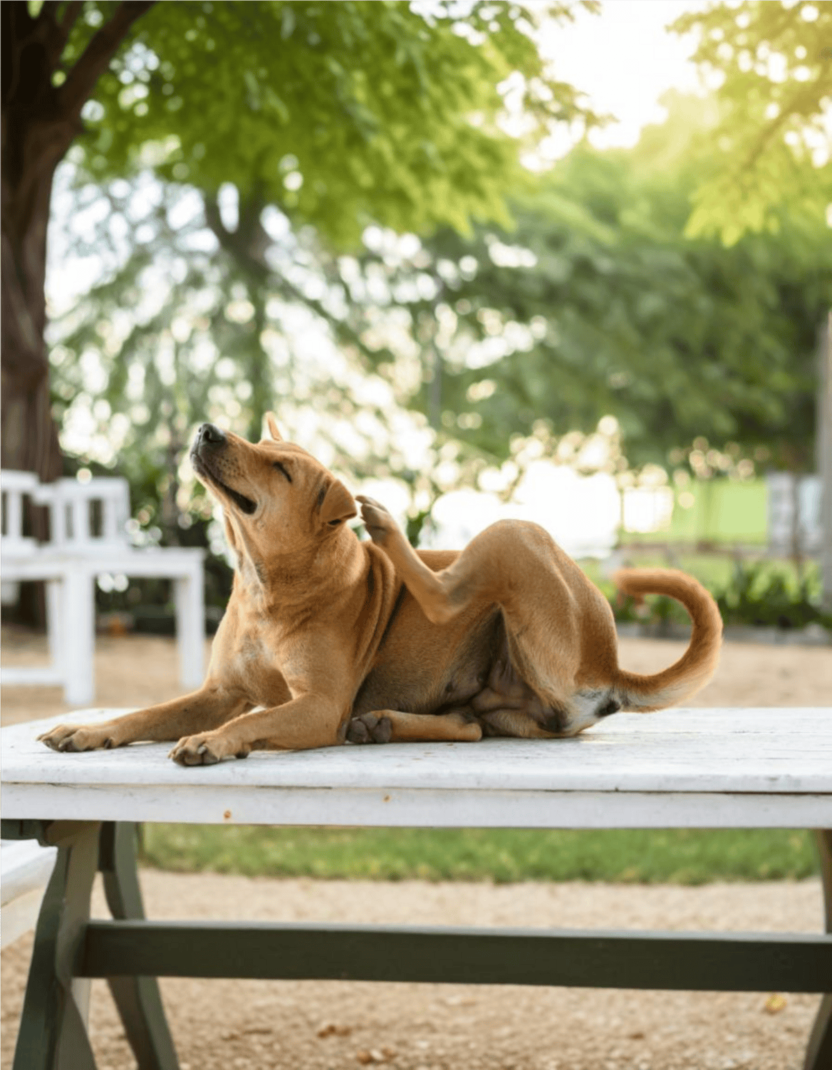 Dog lying on a white outdoor table under large green trees, stretching happily in a sunny park.