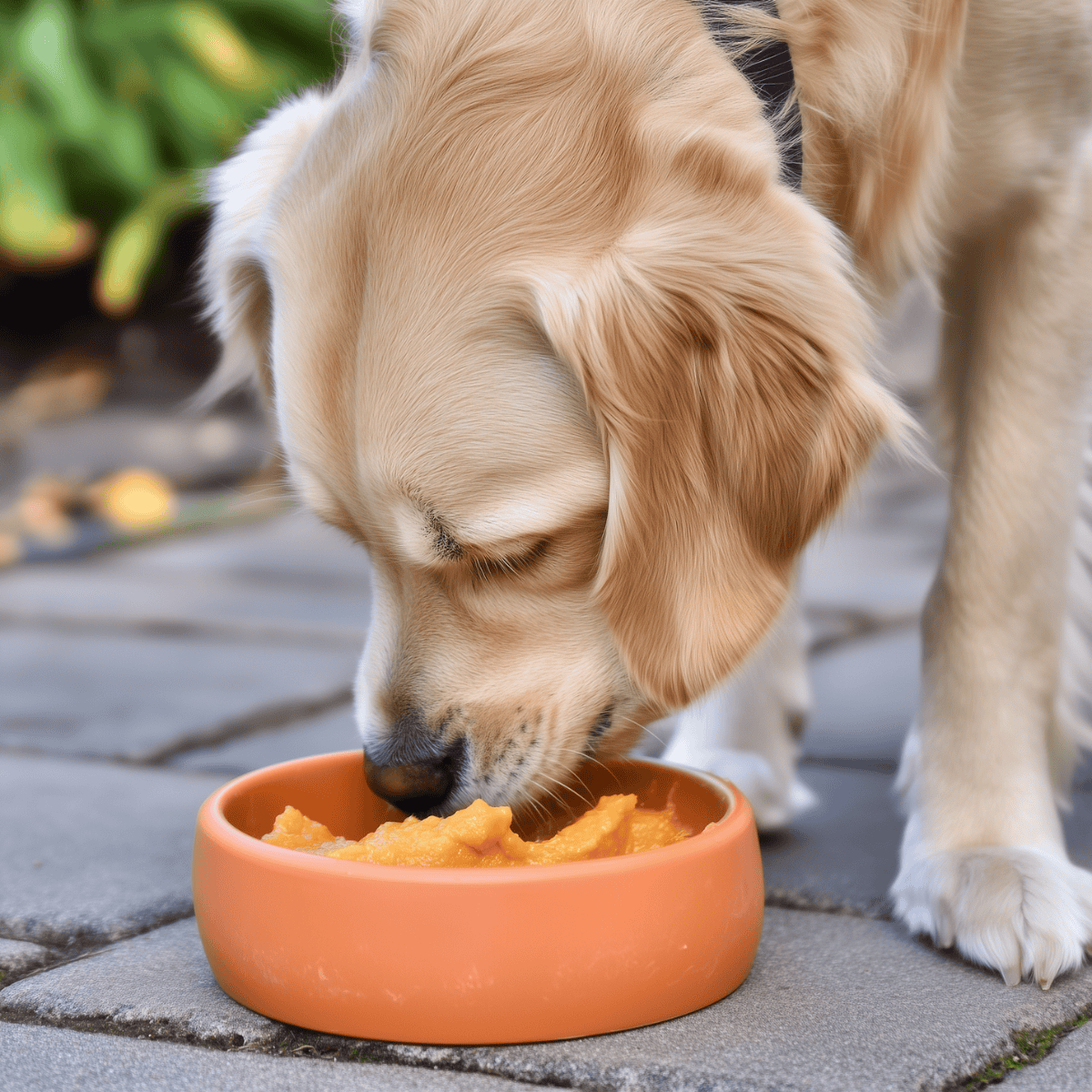 Close-up of a golden retriever puppy eating from a bowl outdoors.