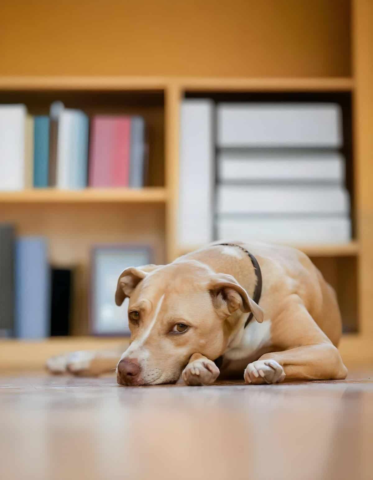 Adorable dog lying on the floor with a tired expression, home interior, cozy atmosphere.