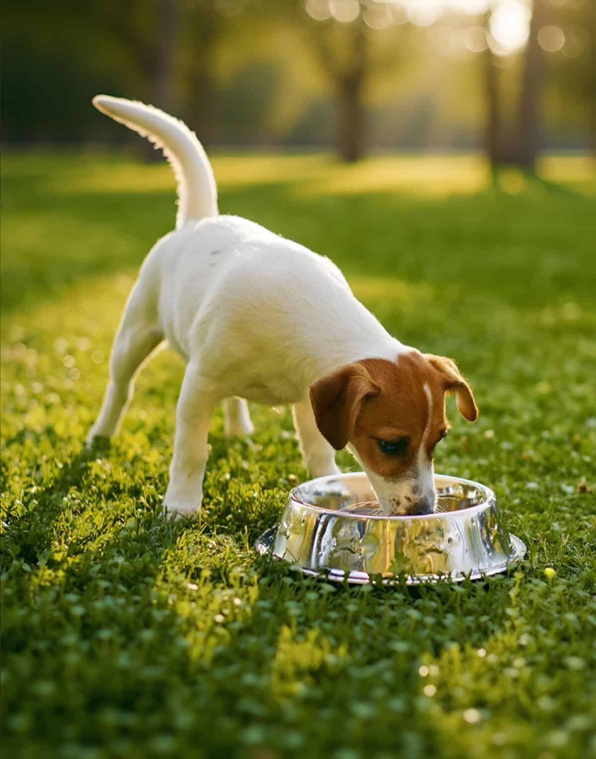 Adorable puppy drinking water from a stainless steel bowl in a sunny park.