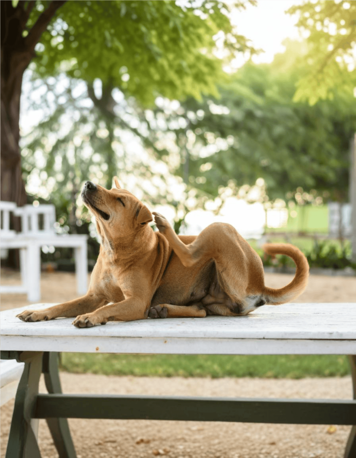 Cute brown dog stretching on a park bench in sunny outdoor setting.