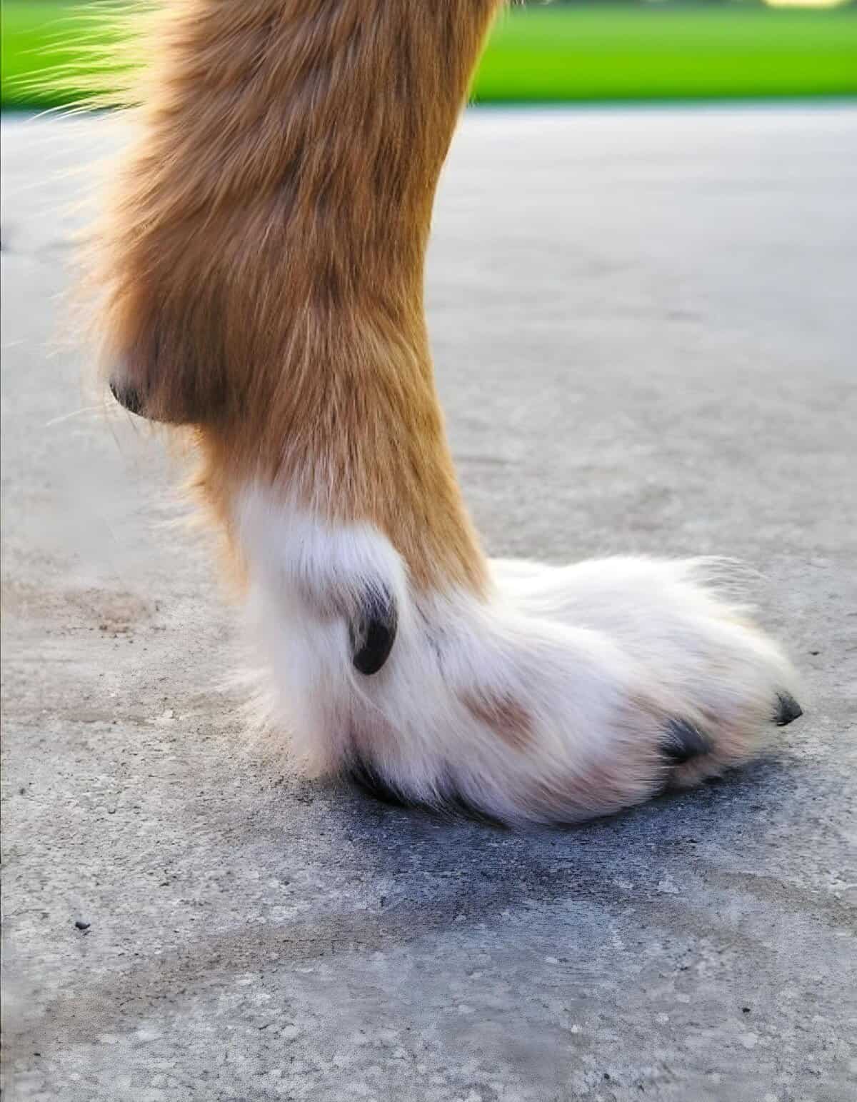 Dog paw close-up on concrete ground, highlighting a healthy, furry paw with black pads, perfect for dog wellness and care articles.