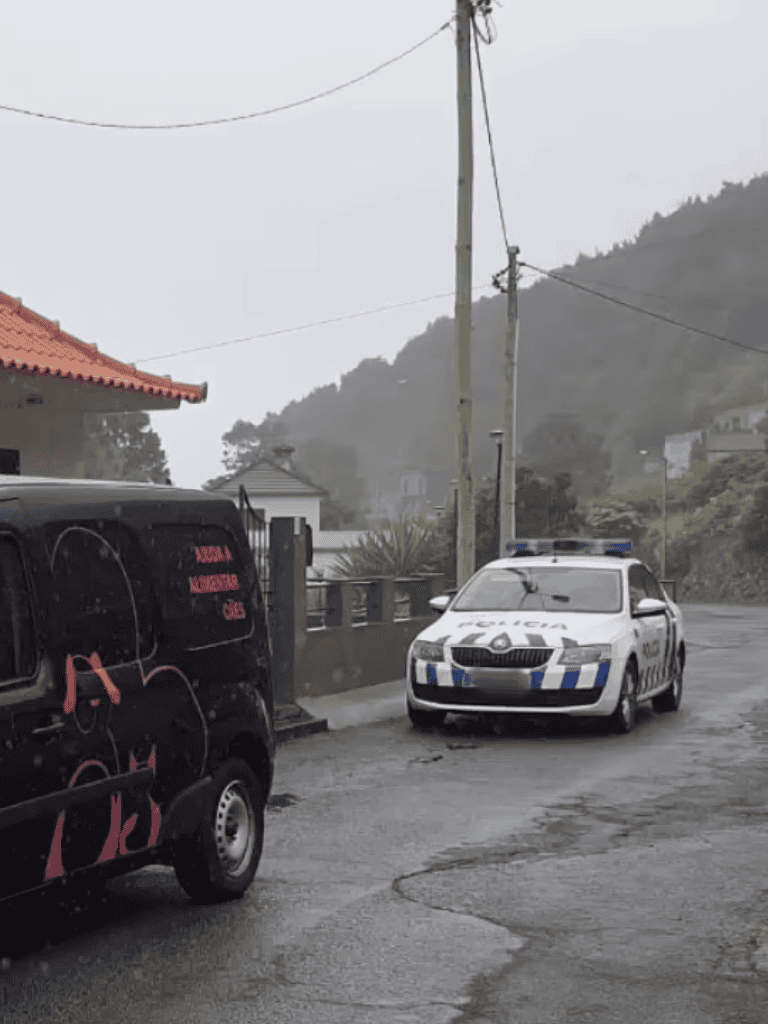 Police vehicle parked on a rainy, mountainous street in a rural area.