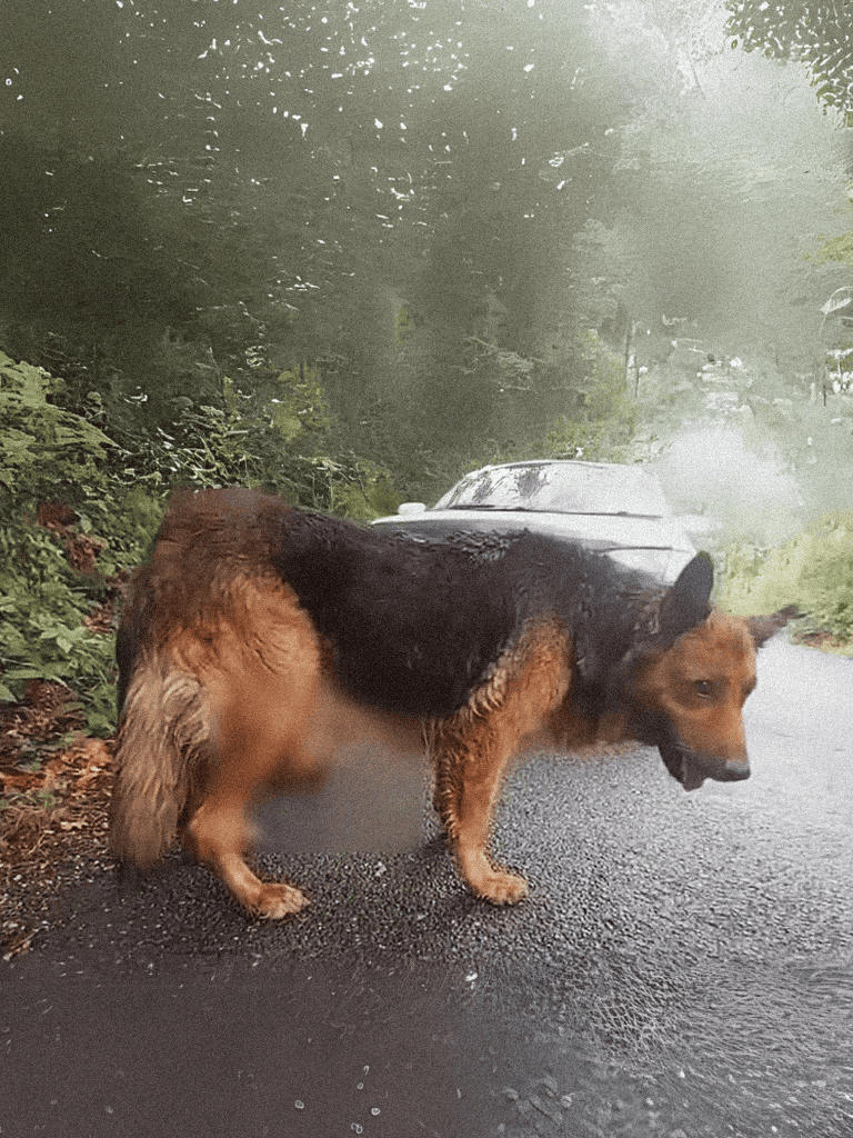 Dog stuck in car door on wet road during walk.
