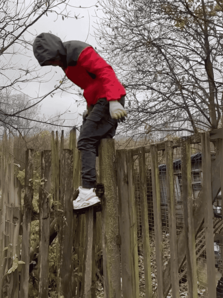 Adventurous kid climbing wooden fence outdoors in autumn, dressed in a red jacket and white sneakers.