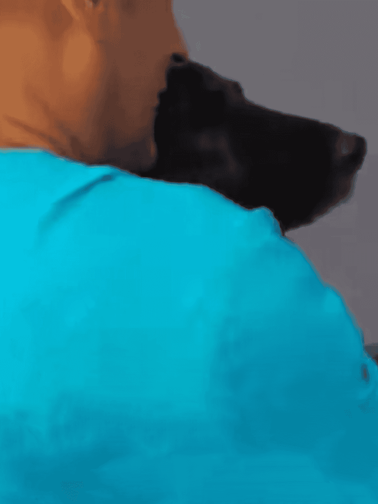 Close-up of a dog hugging a person, emphasizing pet affection and comfort.