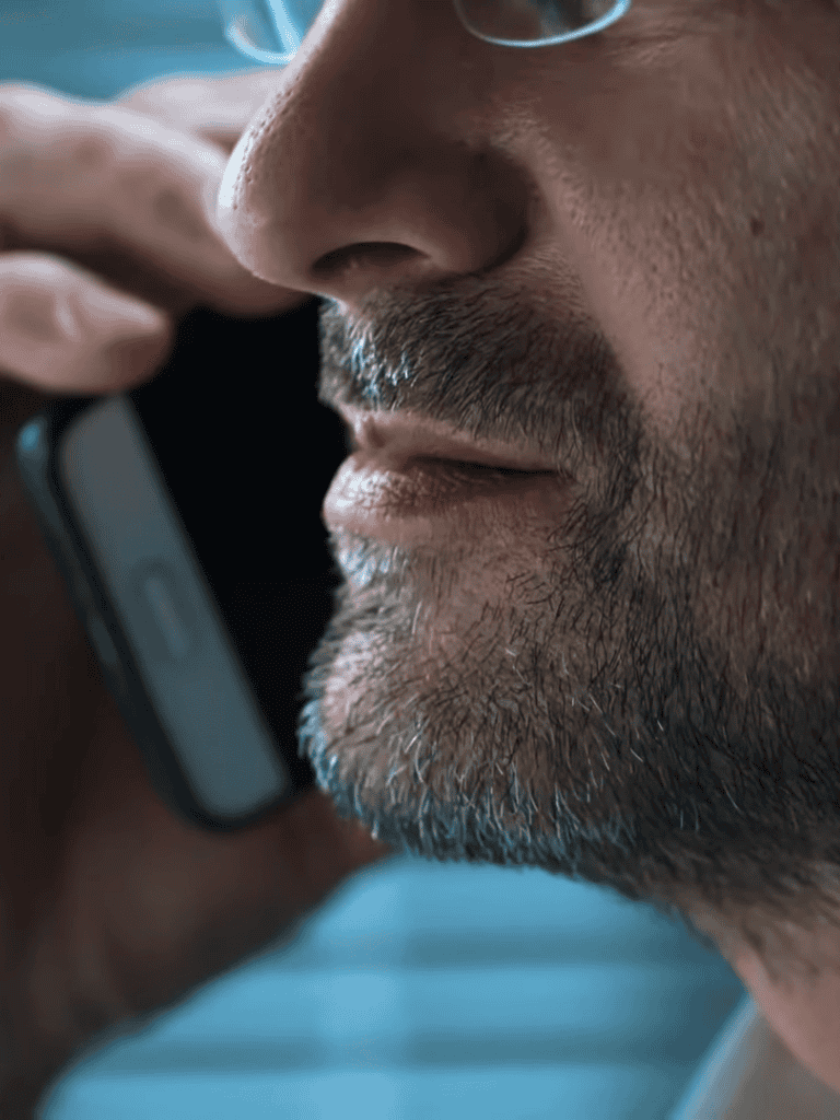 Close-up of a man on a phone call showing a thoughtful expression.