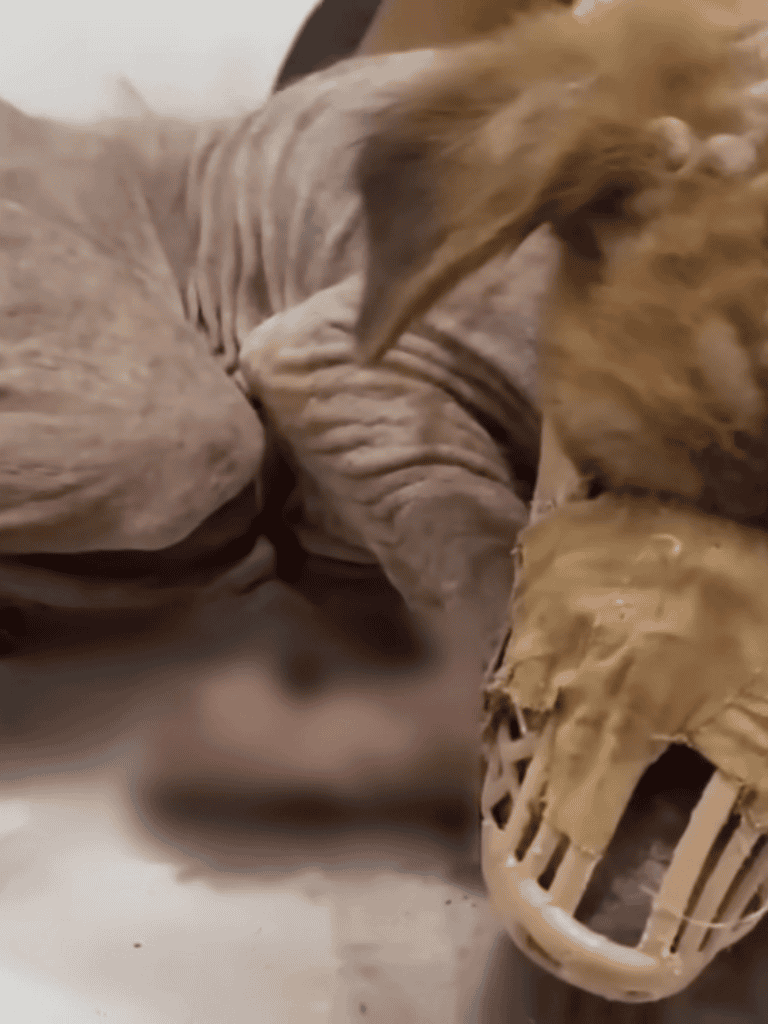 Cute dog chewing on a bamboo toy, showcasing playful pet behavior and fun dog enrichment activities.