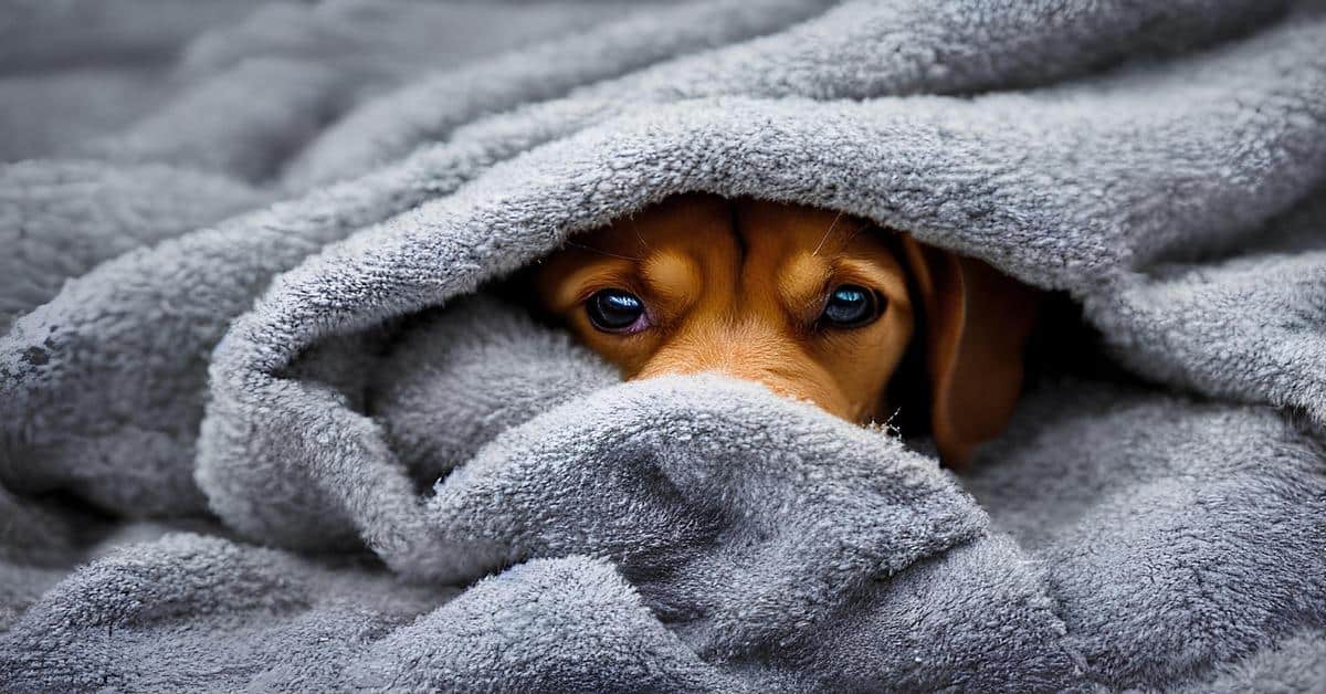 Cute puppy peeking from soft blanket, dog comfort and warmth.