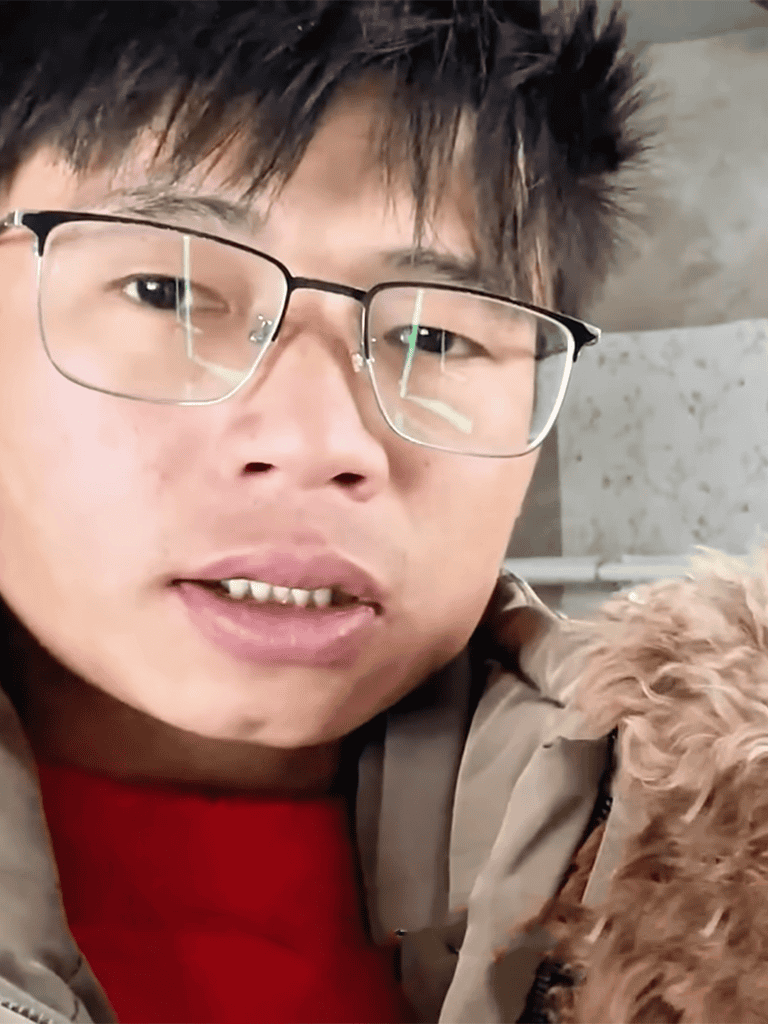 Friendly dog and owner bond at home.