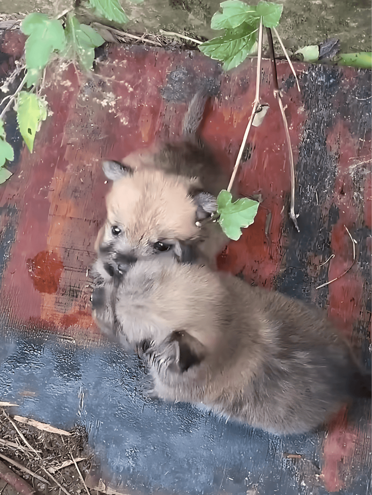 Adorable wolf pups playing together on the ground with green leaves and dirt background.