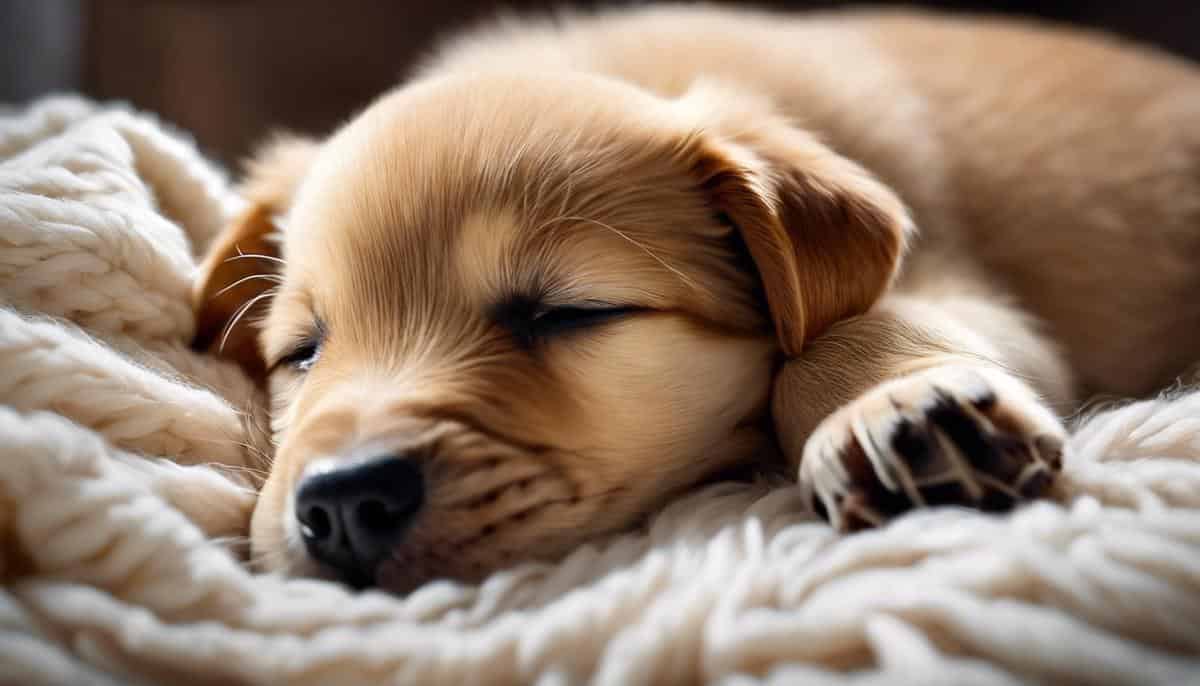 Adorable puppy resting, sleeping on cozy blanket, calm and relaxed dog.